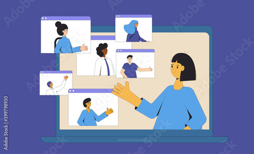 Video call conference. Online meeting collegues. Digital communication. Coworkers talking to each others with computer. Remote teamwork. Vector color line art  illustration.