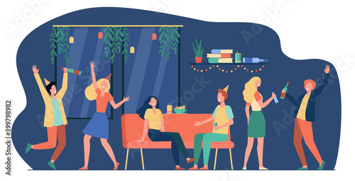 Group of cheerful students or happy friends dancing and having fun at home party in apartment. Vector illustration for night activity, leisure, celebration, birthday concept