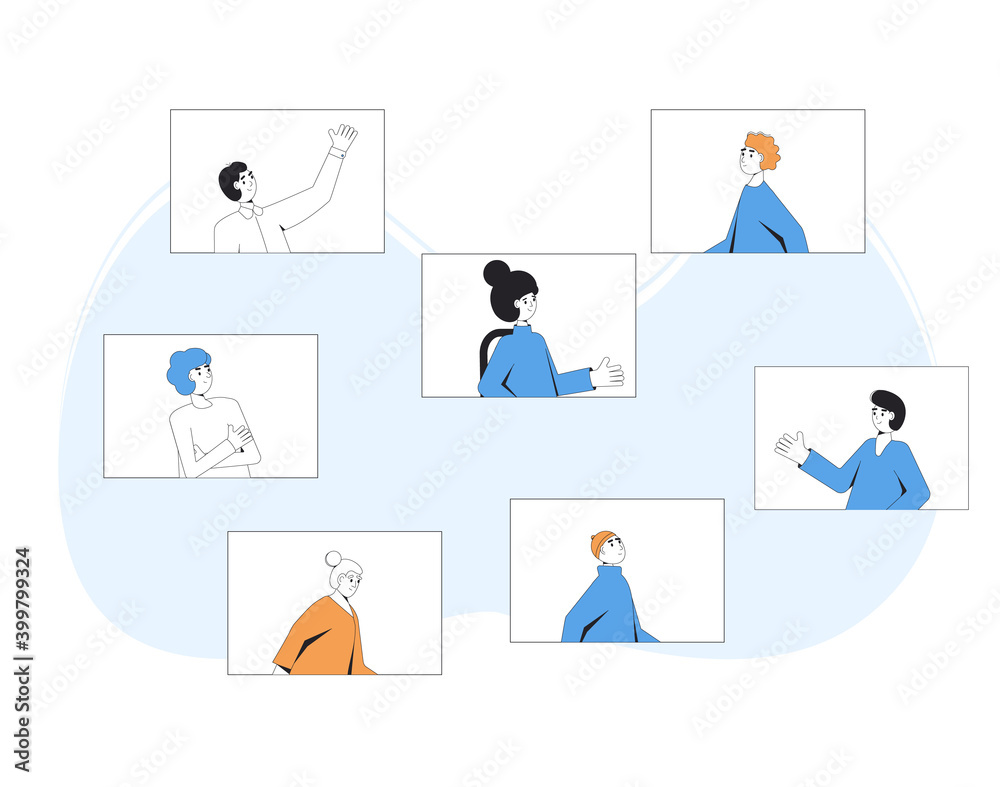 Video call conference. Friends online meeting. Digital communication. People talking to each other on computer screen. Vector color line art illustration.