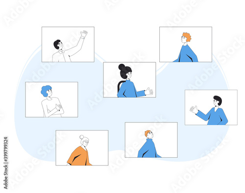Video call conference. Friends online meeting. Digital communication. People talking to each other on computer screen. Vector color line art illustration.