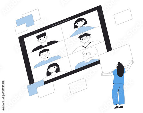 Video call conference. Online meeting collegues. Digital communication. Manager talking to employees with laptop. Remote teamwork. Vector color line art illustration.