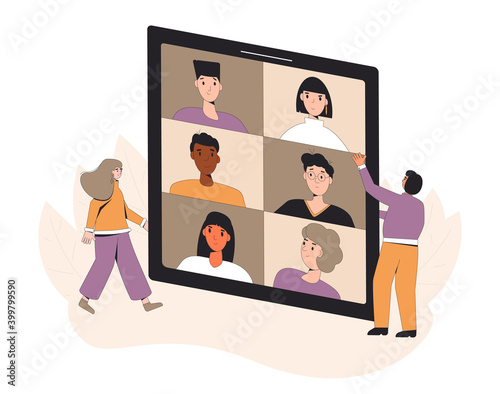 Video call conference. Friends online meeting. Digital communication. Young eople talking to each other on tablet screen. Vector color line art illustration. photo