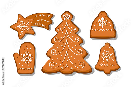 Vector set of gingerbread cookies. Christmas tree, mitten, bell, cap, star. Collection of homemade holiday cookies. Christmas bakery.