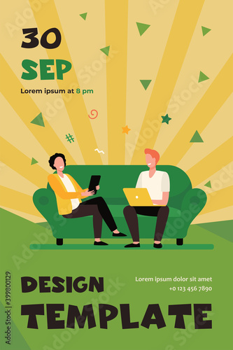 Happy men sitting together and using gadgets. Meeting of friends, pc, devices flat vector illustration. Communication, internet addiction concept for banner, website design or landing web page