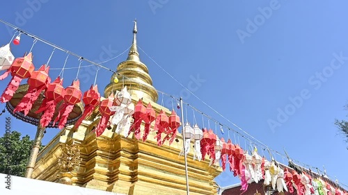 Thailand temple is boutyfull. Big golden pagoda. photo