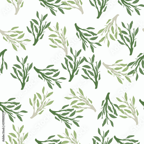 Wallpaper Mural Green foliage branches seamless doodle pattern. White background. Nature botanic backdrop. Torontodigital.ca