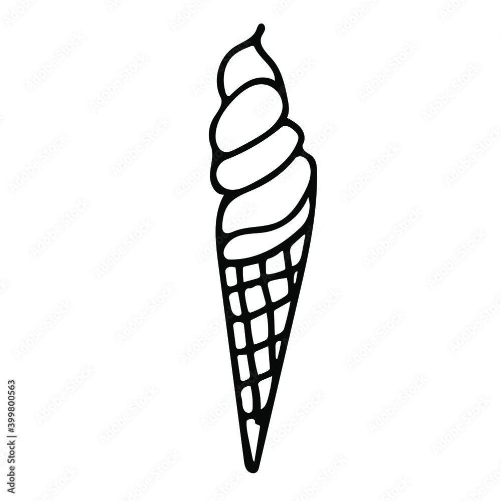 Single-element hand-drawn ice cream icon in a waffle cone. Vector illustration of doodles for cafes and restaurants, cute postcards and culinary design.