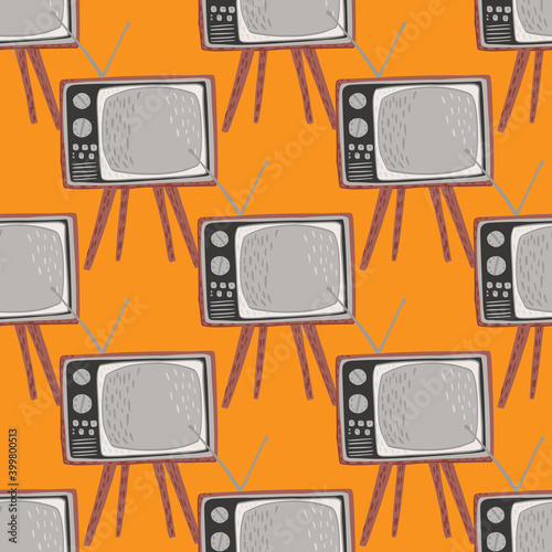 Retro seamless pattern with tv simple ornament. Grey technic on bright orange background.