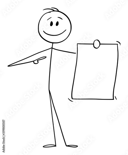 Vector cartoon stick figure illustration of smiling positive man or businessman holding and showing empty,document, paper or sign. photo