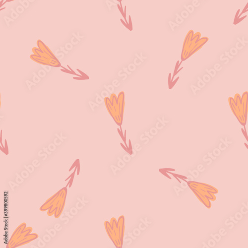 Minimalistic doodle seamless pattern with hand drawn flowers tulip silhouettes. Pink pastel colors.