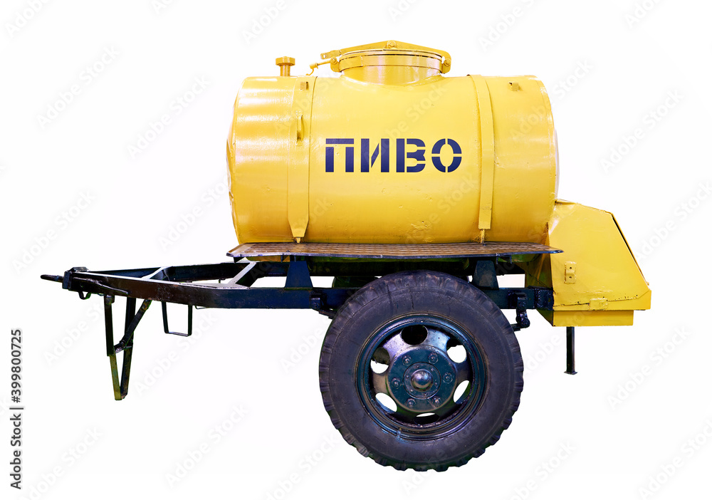 Barrel trailer for transportation and sale of beer isolated white Barrel trailer for transportation and sale of beer isolated white