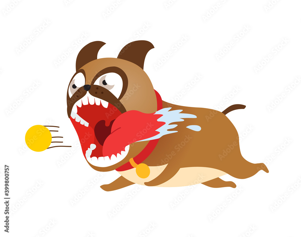 Obraz premium Funny cartoon dog running after tennis ball. Cute puppy illustration.