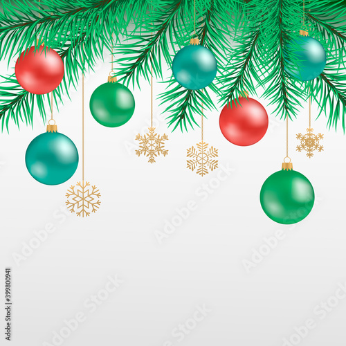 Christmas tree branch, balls and golden snowflakes. Vector illustration.