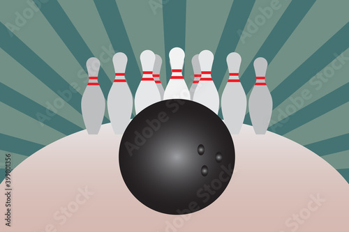 Bowling club poster with black ball and 10 bowling pins