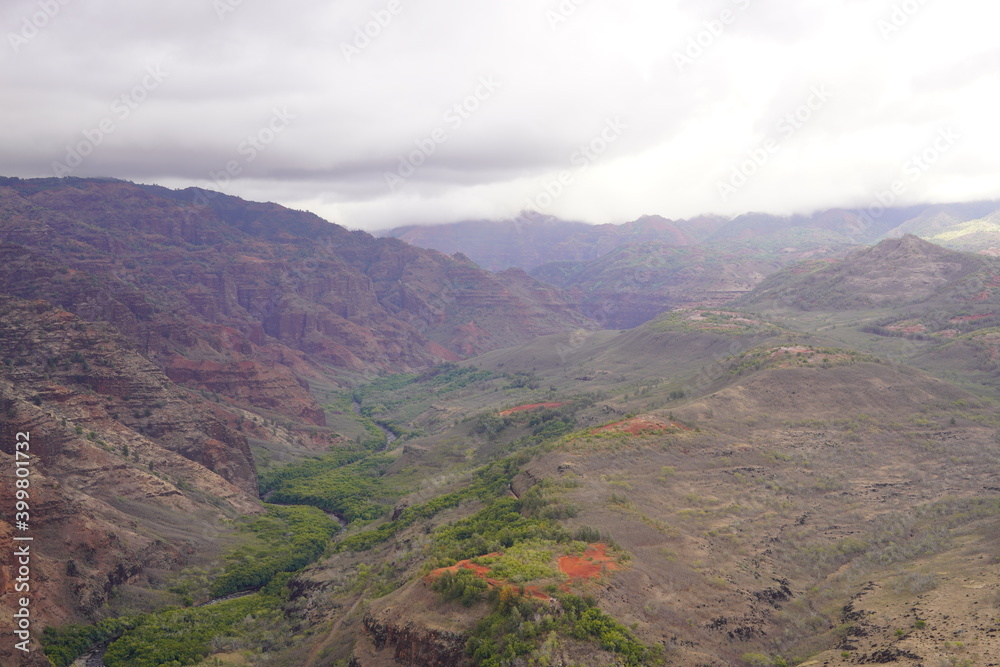 Fototapeta premium カウアイ島のワイメア渓谷と曇り空