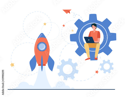 Happy guy developing project for startup. Rocket, launch, laptop flat vector illustration. Business or development concept for banner, website design or landing web page © PCH.Vector