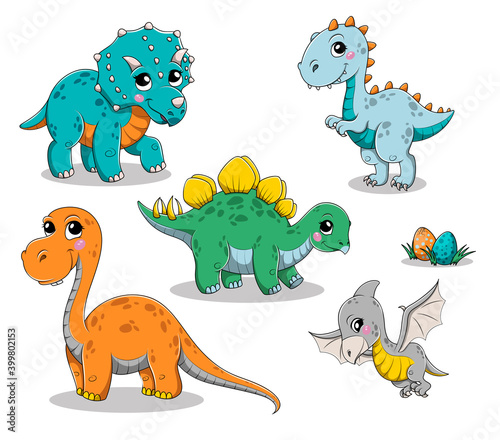 Set of isolated funny cartoon dinosaurs. Vector illustration isolated on white background