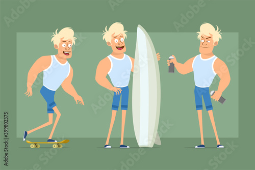 Cartoon flat funny strong sportsman character in undershirt and shorts. Boy riding on skateboard, holding surfboard and spray paint can. Ready for animation. Isolated on green background. Vector set.