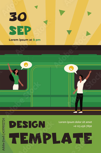 Couple waving good bye in subway. Woman in train, man on platform flat vector illustration. Communication, dating, transport concept for banner, website design or landing web page