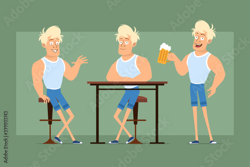 Cartoon flat funny strong blonde sportsman character in undershirt and shorts. Boy resting and holding mug with beer and foam. Ready for animation. Isolated on green background. Vector set.