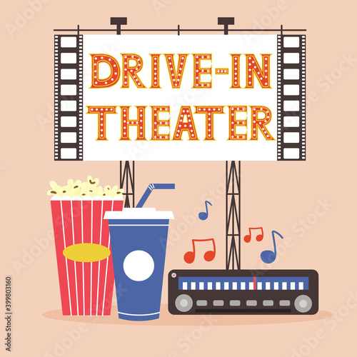 Session drive-in theater with popcorn soda and radio. Outdoor movie viewing. A cinema in nature for lovers and a large group of friends. Useful pastime with loved ones. Modern vector flat illustration