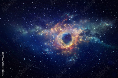 Fototapeta Naklejka Na Ścianę i Meble -  Black hole and cosmic waves in outer space. Nebula at the center of a galaxy clusters in universe. Stars constellations background.