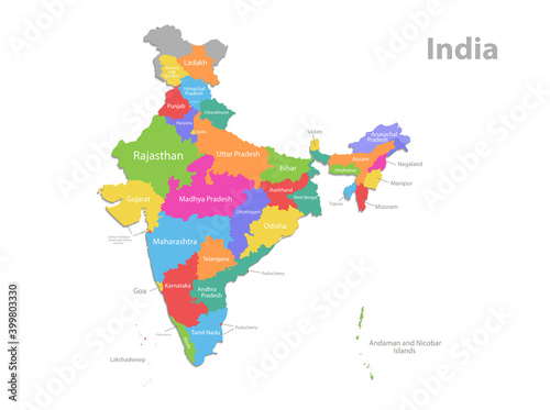 India map, administrative division, separate individual regions with names, new map of division year 2020, color map isolated on white background vector