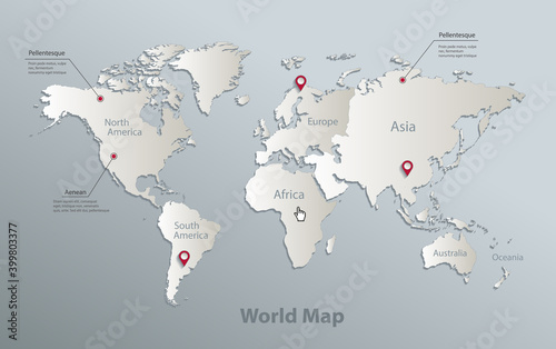 World continents map, with names continent, blue white card paper 3D vector