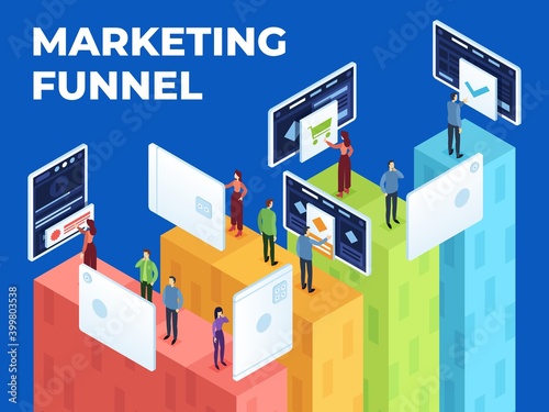 Vector illustration of an marketing funnel with characters of buyers
