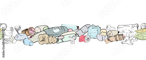 Various garbage, dump, a set of crumpled bottles, cans, cups. Seamless vector background.
