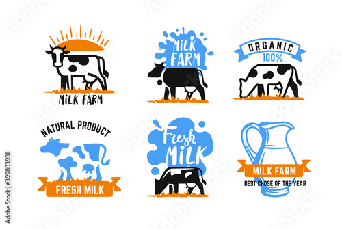 Cow and milk emblem. Farm blue stickers
