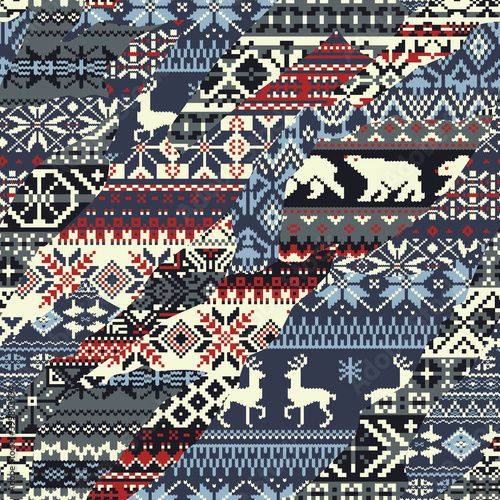 Norwegian traditional snowflake knitted jacquard patchwork vector seamless pattern