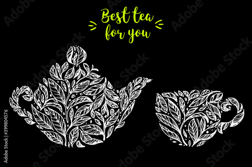Tea concept illustration. Tea leaves in teapot. Hand drawn sketch. Black and white vector illustration. Concept for tea design.