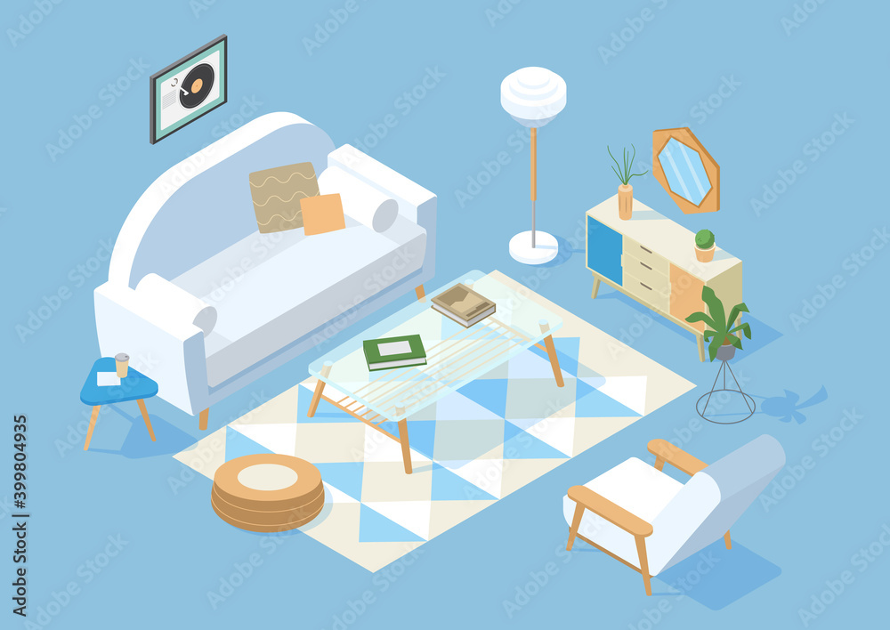 Vector Isometric Scandinavian Living Room Interior With Sofa Bed, Armchair, Table, Drawer, Plants, Carpet And Decorations Illustration. Vector Isometric Scandinavian Living Room Interior With Sofa Bed, Armchair, Table, Drawer, Plants, Carpet And Decorations Illustration.