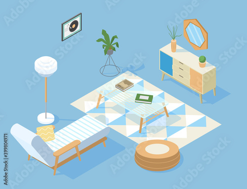 Vector Isometric Scandinavian Living Room Interior With Deckcair, Glass Jurnal Table, Drawer, Plants, Carpet And Decorations Illustration. photo