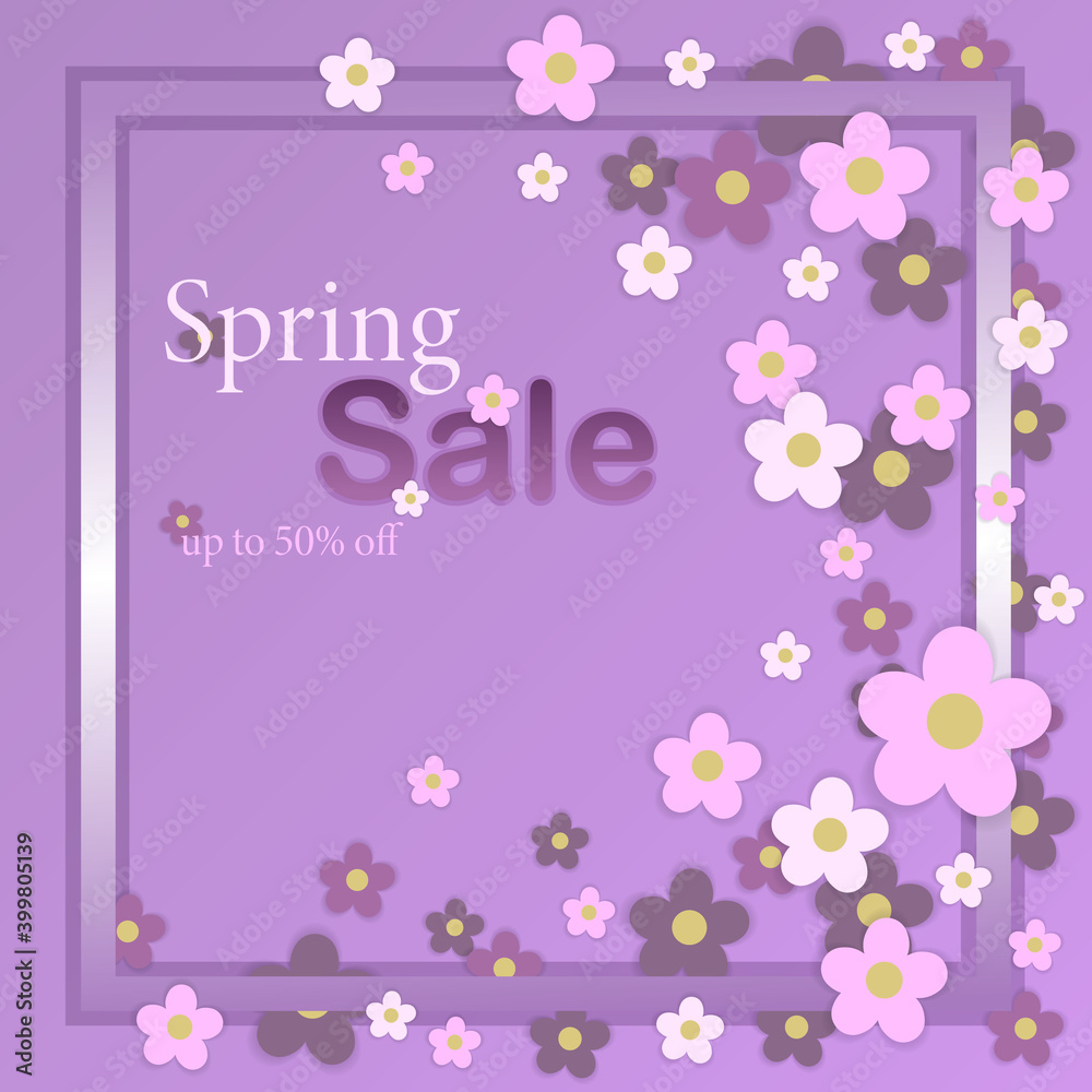Spring discounts, signature on a purple background. Spring small flowers, cherry flowers. Discounts up to 50 percent. Vector illustration Spring discounts, signature on a purple background. Spring small flowers, cherry flowers. Discounts up to 50 percent. Vector illustration