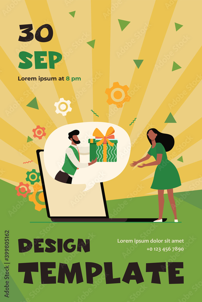 Fototapeta premium Woman getting virtual gift. Man giving present box, speech bubble from laptop screen flat vector illustration. Bonus, discount, promotion concept for banner, website design or landing web page