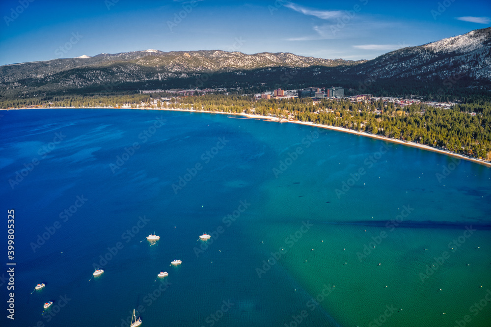 Aerial View of South Lake Tahoe which is on the California Nevada Stateline