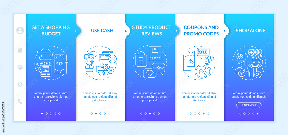 Money-saving tips for shoppers onboarding vector template. Setting budget. Using cash. Shopping alone. Responsive mobile website with icons. Webpage walkthrough step screens. RGB color concept