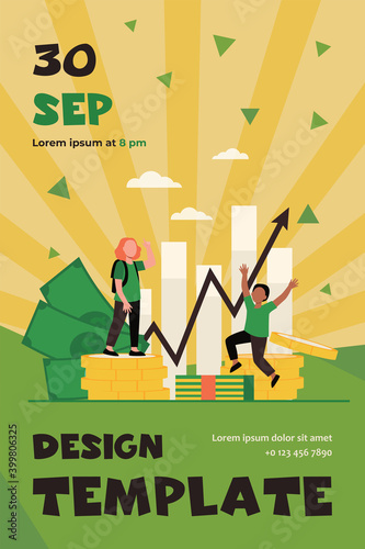 Happy children investing and earning money. Kid, growth, coin flat vector illustration. Investment and finance concept for banner, website design or landing web page