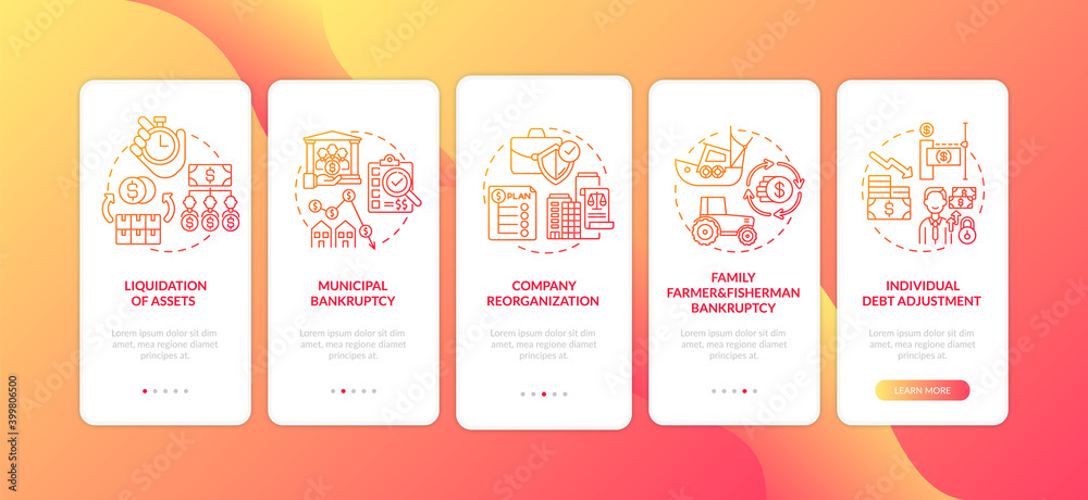 Business bankruptcy red onboarding mobile app page screen with concepts. Liquidation of asset. Corporate debt walkthrough 5 steps graphic instructions. UI vector template with RGB color illustrations