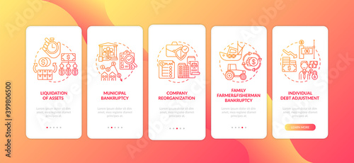 Business bankruptcy red onboarding mobile app page screen with concepts. Liquidation of asset. Corporate debt walkthrough 5 steps graphic instructions. UI vector template with RGB color illustrations