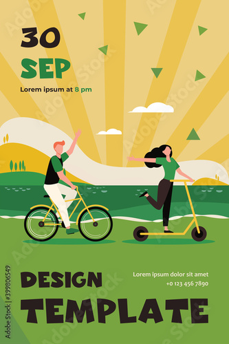 Happy couple riding bike and scooter outdoors. People moving along seaside flat vector illustration. Activity, transportation, eco transport concept for banner, website design or landing web page