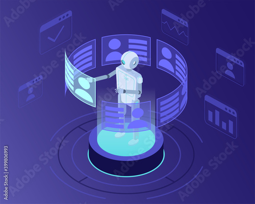 Isometric vector illustration of robot recruiter searching for candidates for a job