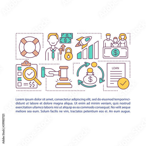 Bankruptcy discharge concept icon with text. Debtor releasing from personal liability for debts. PPT page vector template. Brochure, magazine, booklet design element with linear illustrations