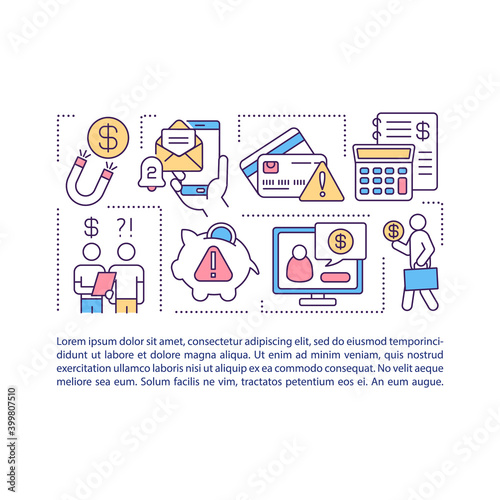 Debt collection concept icon with text. Collecting overdue debts. Money recovery on delinquent accounts. PPT page vector template. Brochure, magazine, booklet design element with linear illustrations