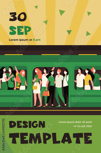 Crowd of people in masks standing in subway train. Public transport, passengers, commuters flat vector illustration. Covid, epidemic, protection concept for banner, website design or landing web page