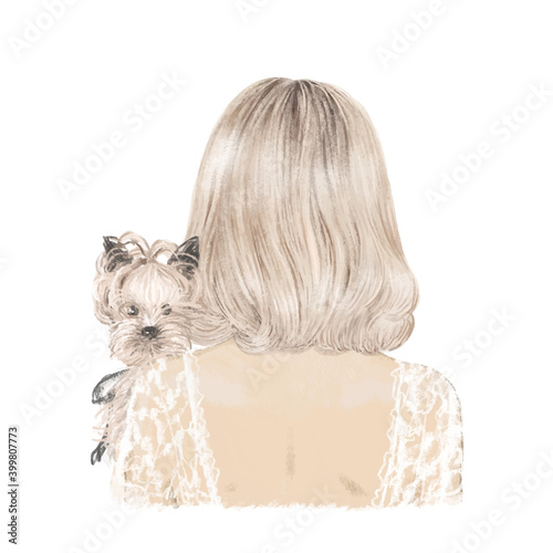 Beautiful blonde girl with her dog yorkie, hand drawn illustration photo