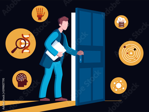 Vector illustration of a young scientist on the cusp of a great scientific discovery