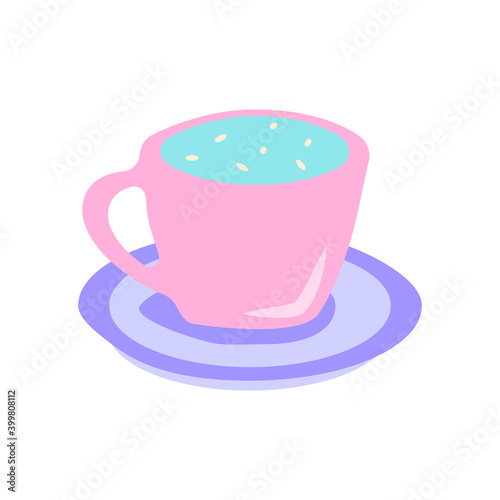 Hot drink cup flat vector abstract element. Mug RGB color clipart. Cocoa treat with marshmallow for winter season. Warm beverage. Hot chocolate isolated organic shape on white background